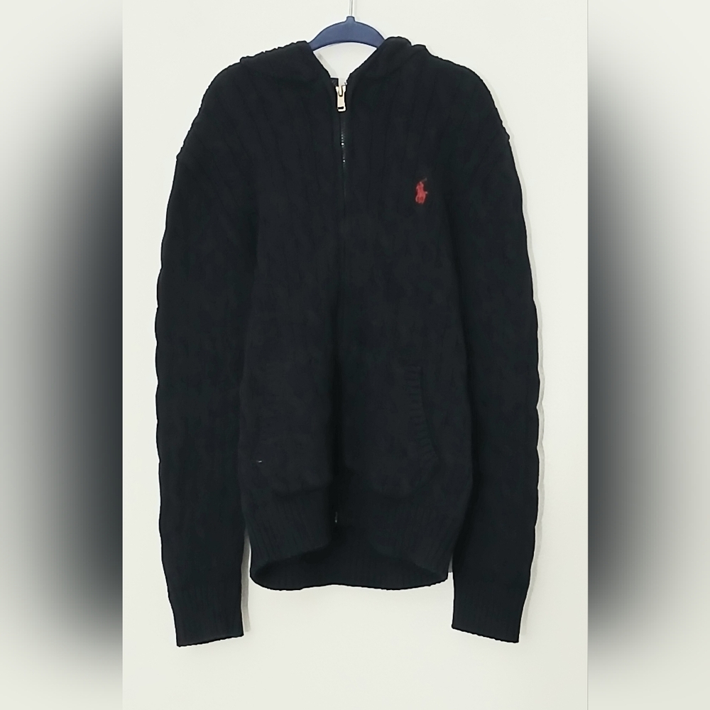 Polo by Ralph Lauren Boys Size 8 Navy Zip-Up Sweater Hooded Cable Knit Pre-owned